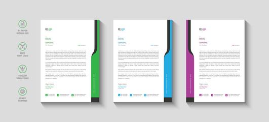 Business letterhead, Letterhead template with various colors, Letterhead template in flat style, Modern company letterhead template design