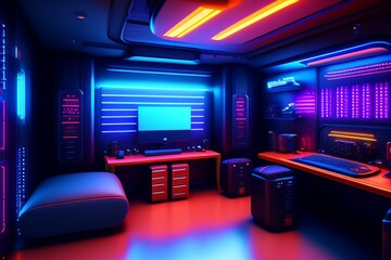 A futuristic gaming Hacker studio Wallpaper 8k Cyberpunk Real Technology 