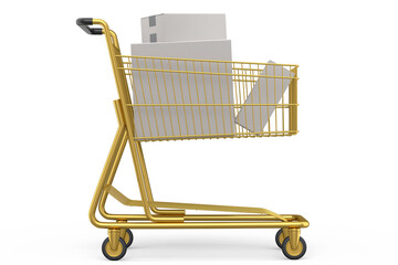 Shopping cart or trolley with cardboard boxes on white background.