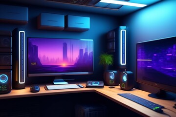 A futuristic gaming Hacker studio Wallpaper 8k Cyberpunk Real Technology 