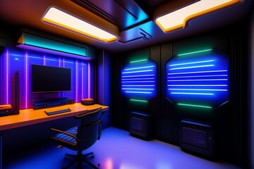 A futuristic gaming Hacker studio Wallpaper 8k Cyberpunk Real Technology 