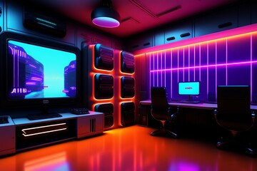 A futuristic gaming Hacker studio Wallpaper 8k Cyberpunk Real Technology 