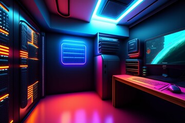 A futuristic gaming Hacker studio Wallpaper 8k Cyberpunk Real Technology 