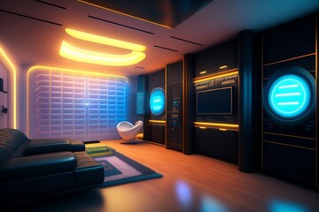 A futuristic gaming Hacker studio Wallpaper 8k Cyberpunk Real Technology 