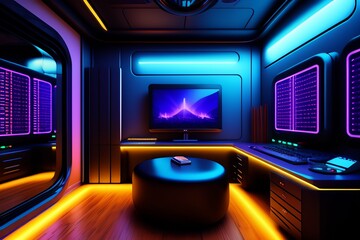 A futuristic gaming Hacker studio Wallpaper 8k Cyberpunk Real Technology 