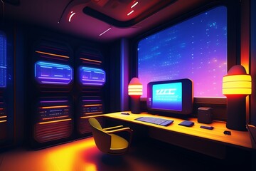A futuristic gaming Hacker studio Wallpaper 8k Cyberpunk Real Technology 