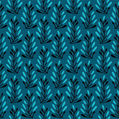 Aesthetic Leaf in a seamless vector repeat pattern on a blue background suitable for wallpapers and all surface designs.