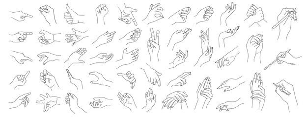 Hand icon in outline style. Vector illustration. wash hands, write, fist, hold, support, like, indicate, muzzle hand