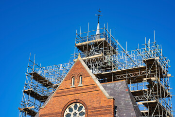 church steeple with construction scaffolding 