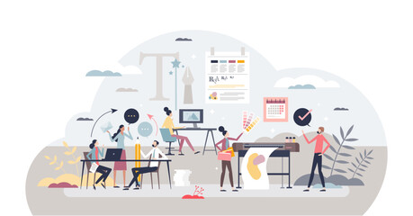 Advertising agency and company brand style development tiny person concept, transparent background. Business image creation with logo, banners, ads and commercial strategy planning illustration. © VectorMine