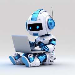 Cute white and blue robot sitting with computer, ai generative