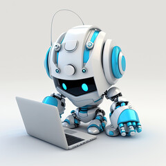 Cute white and blue robot sitting with computer, ai generative