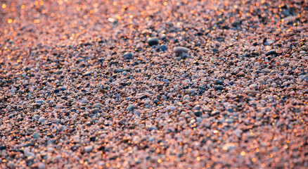 Pebble beach close-up in a sunset light. Shallow depth of field and beautiful bokeh