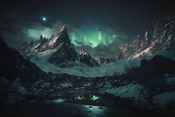Naklejka premium Photography of realistic snowy mountains at night with green northern lights. Ai generated art