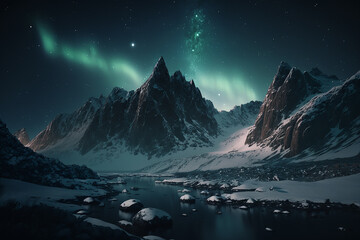 Fototapeta na wymiar Photography of realistic snowy mountains at night with northern lights. Ai generated art