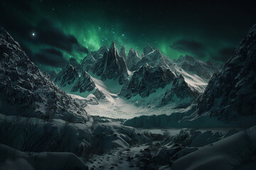 Fototapeta na wymiar Photography of realistic snowy mountains at night with green northern lights. Ai generated art