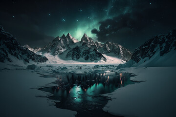 Photography of realistic snowy mountains at night with aurora vorealis. Ai generated art