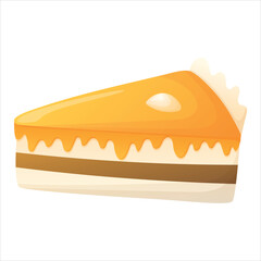 Piece of cake or cheesecake with orange icing. Vector cartoon isolated illustration of sweet dessert.