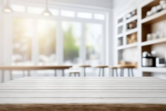 Light Wood Restaurant Table on Blurred Kitchen Background, Cafe Table Mockup, Generative AI Illustration