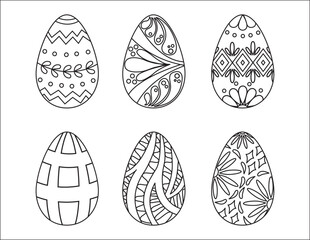 Set of doodle style easter eggs. Art line style. Happy easter, hand drawn eggs isolated on white background.