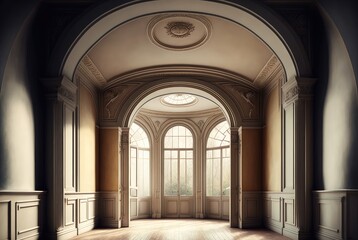 Fototapeta na wymiar Castle Interiors, Empty Victorian Hall, Luxury Hotel Lobby, Royal Villa Abstract Generative AI Illustration