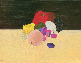 Fruits on table. Oil painting. 