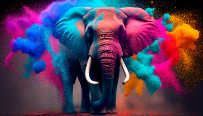 A full size elephant at the Holi festival with an explosion of colored powder on a dark background. Colorful explosion. Holi paint, generative ai