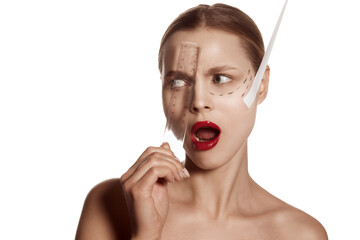 Beautiful female face with lifting up arrows isolated on white background. Concept of bodycare,...