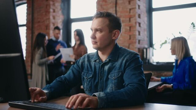 Diverse People Work In Loft Office, Portrait Of Middle-Aged Man At Computer Engineer Or Web Designer