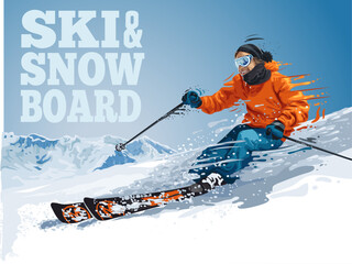 Vector illustration of skiing young pro guy in the mountains, and snowboarding. Skiing man in orange jacket. Extreme winter sport.