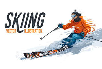 Young man riding on skis on white background, winter. Vector illustration in realistic style. Skiing man in orange jacket. Extreme winter sport. - obrazy, fototapety, plakaty