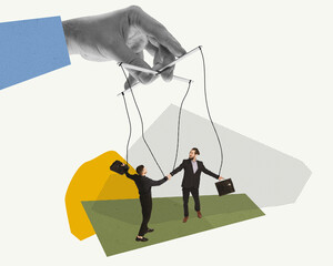 Control, manipulation over employees. Contemporary art collage. Human hand holding on strings men,...