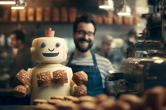 Nice robot that works in a pastry shop juggling some cupcakes.  Generative AI