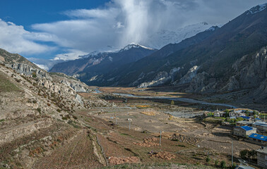 View of Manang valley with Marshayangdi river from north of Manang village, Around Annapurn trek, Nepal Himalayas, Nepal