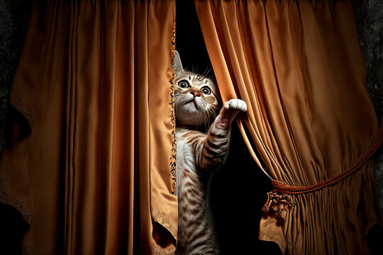 Domestic Cat Playing With The Curtains At Home, Climbing And Destroying Them, Generative Ai