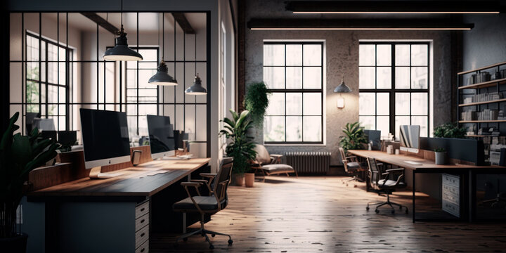 coworking office with industrial loft design, with desks and workstations with computers, generative ai