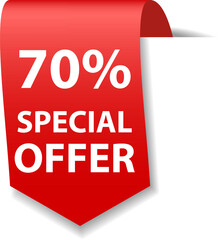 Red vertical 3d ribbon, web tag, bookmark with text isolated on white background. Template for sales, discounts, promotions.