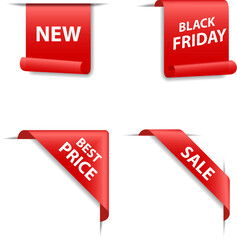 Set of red 3d banners, ribbons, web tags, corners isolated on white background. Templates for discounts, sales, promotion, black friday.