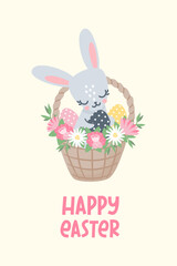 Vector templates for Easter cards. Cute bunnies with Easter eggs. Happy Easter lettering. Hare in a wreath of flowers 