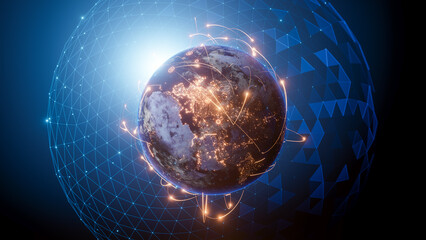 digital earth line orange light communication network background. © pingingz