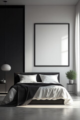Modern bedroom interior with empty canvas or wall decor with frame in center for product presentation background or wall decor promotion, mock up, black and white