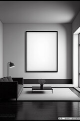 Modern living room interior, minimal counter with empty canvas or wall decor with frame in center for product presentation background or wall decor promotion, mock up