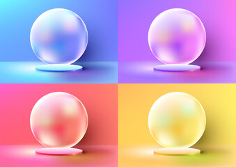 Set of 3D realistic empty blue, purple, red, yellow podium pedestal stand with circle backdrop
