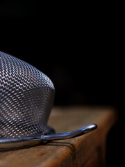 Dough filter on wooden garden desk