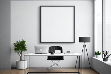 Modern office interior, with empty canvas or wall decor with frame in center for product presentation background or wall decor promotion, mock up