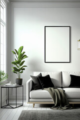 Modern living room interior with empty canvas or wall decor with frame in center for product presentation background or wall decor promotion, mock up