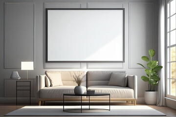 Fototapeta na wymiar Modern living room interior with empty canvas or wall decor with frame in center for product presentation background or wall decor promotion, mock up