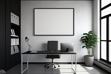 Modern office interior, with empty canvas or wall decor with frame in center for product presentation background or wall decor promotion, mock up