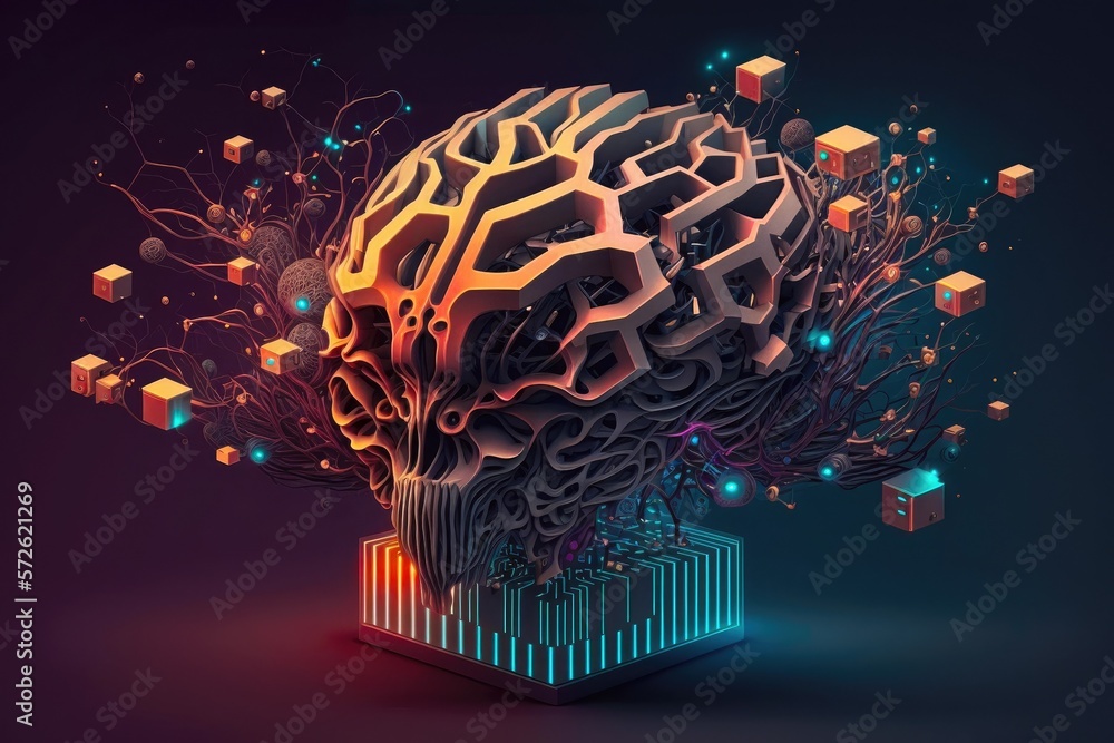 Poster microchip inside cloud of dots and lines in shape of biological brain, organic nervous system. elect