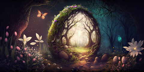 Egg shaped portal in a magical fairytale forest, copy space, easter, Generative AI - obrazy, fototapety, plakaty